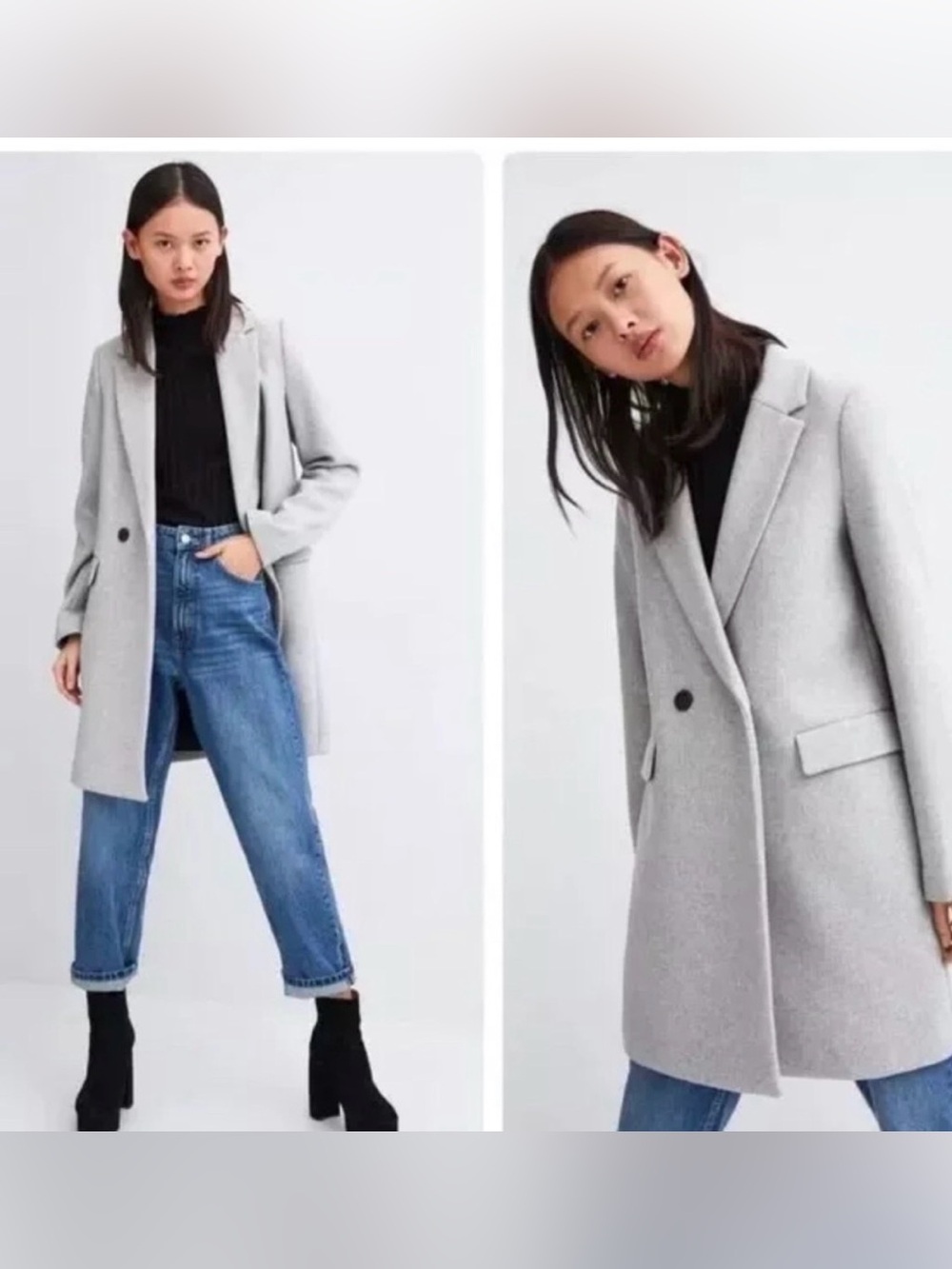 Zara TRF Collection gray double breasted peacoat jacket wool blend Sz XL classy